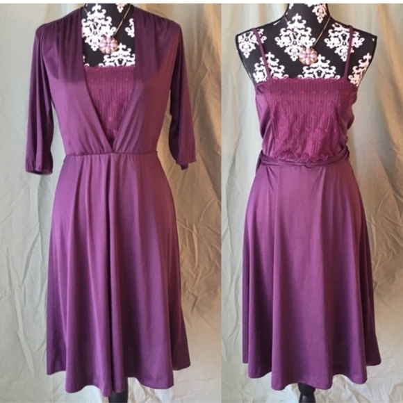 Vintage Dresses & Skirts - Vintage 70's Purple Convertible 3/4 Sleeve to Cami Midi Dress